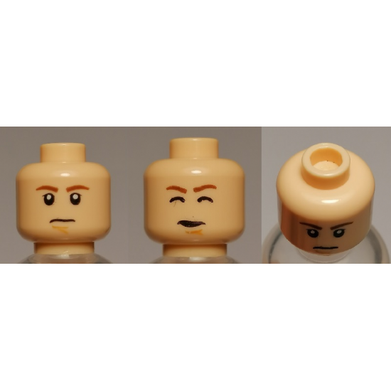 Minifigure, Head Dual Sided Brown Eyebrows, White Pupils, Chin Dimple, Somber / Closed Eyes Pattern (SW Han Solo) - Hollow Stud