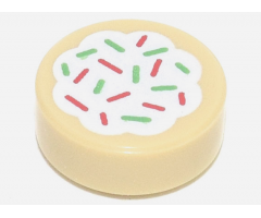 Tile, Round 1 x 1 with Cookie with White Frosting, Red and Green Sprinkles Pattern