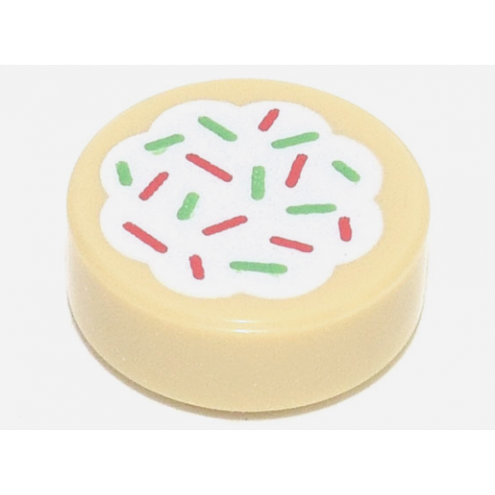 Tile, Round 1 x 1 with Cookie with White Frosting, Red and Green Sprinkles Pattern