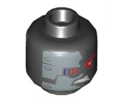Minifigure, Head Alien with Mechanical Right Eye Red, Silver Plates with 6 Rivets on Front and Back Pattern - Hollow Stud