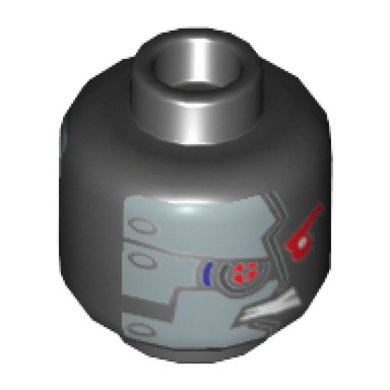 Minifigure, Head Alien with Mechanical Right Eye Red, Silver Plates with 6 Rivets on Front and Back Pattern - Hollow Stud