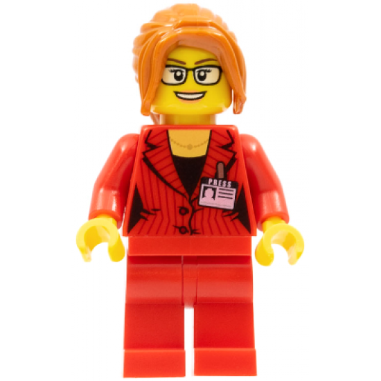 Reporter, Female, Dark Orange Hair with Sidebangs, Glasses, Red Blazer with Press Pass (Ludo Red)