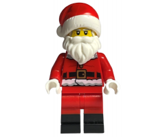 Santa, Red Legs, Black Boots Fur Lined Jacket with Button and Candy Cane on Back, Gray Bushy Eyebrows