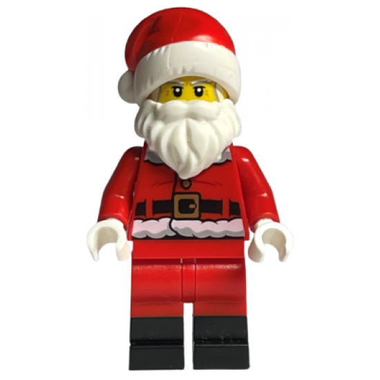 Santa, Red Legs, Black Boots Fur Lined Jacket with Button and Candy Cane on Back, Gray Bushy Eyebrows