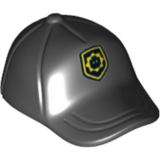 Minifigure, Headgear Cap - Short Curved Bill with Seams and Button on Top and Yellow Badge with Minifigure Head Pattern