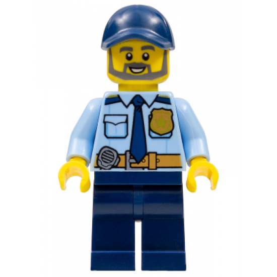 Police - City Officer Shirt with Dark Blue Tie and Gold Badge, Dark Tan Belt with Radio, Dark Blue Legs, Dark Blue Cap, Full Beard