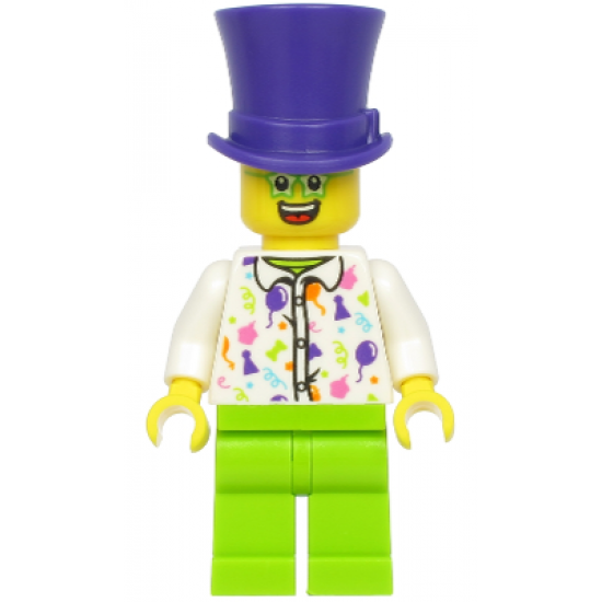 Birthday Party Guest, Dark Purple Top Hat, Green Glasses, White Shirt, Lime Legs