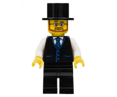 Haunted House Butler - Male, Black Vest with Blue Striped Tie, Black Legs, Black Top Hat, Glasses and Beard