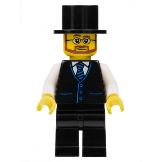 Haunted House Butler - Male, Black Vest with Blue Striped Tie, Black Legs, Black Top Hat, Glasses and Beard