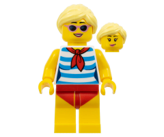 Female with Blond Hair, Medium Lavender Sunglasses, Red Scarf, Blue Striped Shirt, Red Swimsuit (Ludo Yellow)