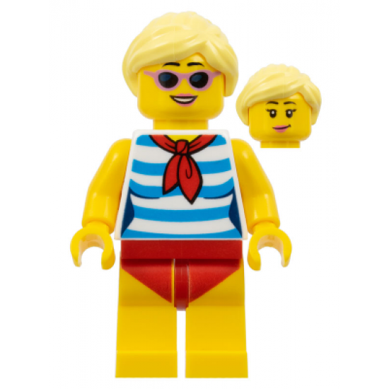 Female with Blond Hair, Medium Lavender Sunglasses, Red Scarf, Blue Striped Shirt, Red Swimsuit (Ludo Yellow)