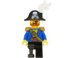 Pirate Captain - Bicorne Hat with Skull and White Plume, Pearl Gold Epaulettes, Blue Open Jacket, Black Leg and Pearl Dark Gray Peg Leg