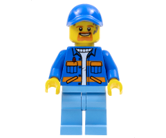 Garbage Worker - Male, Blue Jacket with Diagonal Lower Pockets and Orange Stripes, Medium Blue Legs, Blue Cap with Hole, Goatee and Splotches