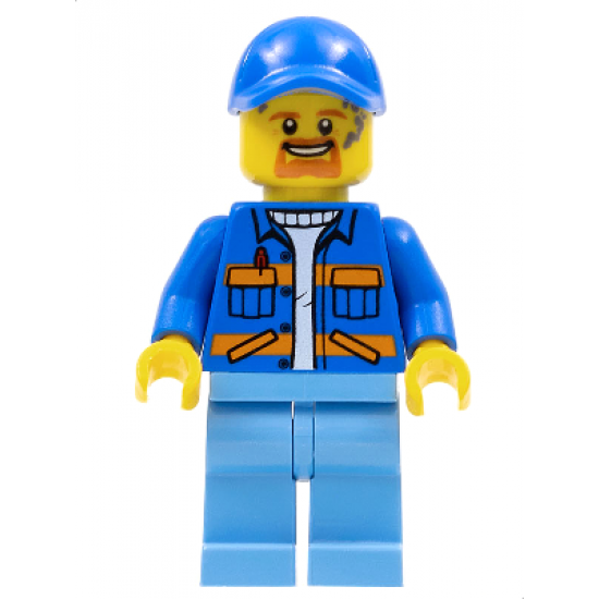 Garbage Worker - Male, Blue Jacket with Diagonal Lower Pockets and Orange Stripes, Medium Blue Legs, Blue Cap with Hole, Goatee and Splotches