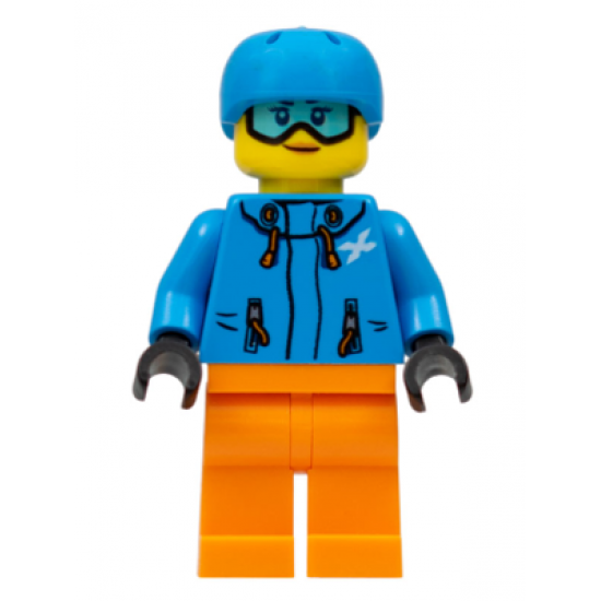 Skier Female, Dark Azure Jacket and Helmet, Goggles with Peach Lips