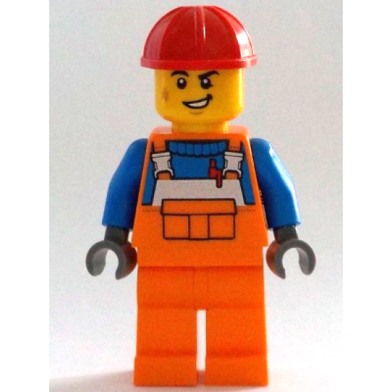 Construction Worker - Male, Orange Overalls with Reflective Stripe and Buckles over Blue Shirt, Orange Legs, Red Construction Helmet