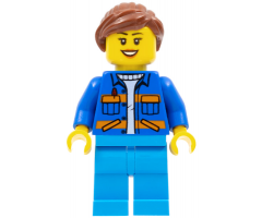 Garbage Worker - Female, Blue Jacket with Diagonal Lower Pockets and Orange Stripes, Dark Azure Legs, Reddish Brown Ponytail