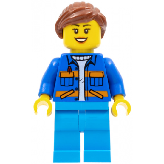 Garbage Worker - Female, Blue Jacket with Diagonal Lower Pockets and Orange Stripes, Dark Azure Legs, Reddish Brown Ponytail