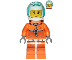 Astronaut - Female, Orange Spacesuit with Dark Bluish Gray Lines, Trans Light Blue Large Visor, Freckles with Smirk and Winking