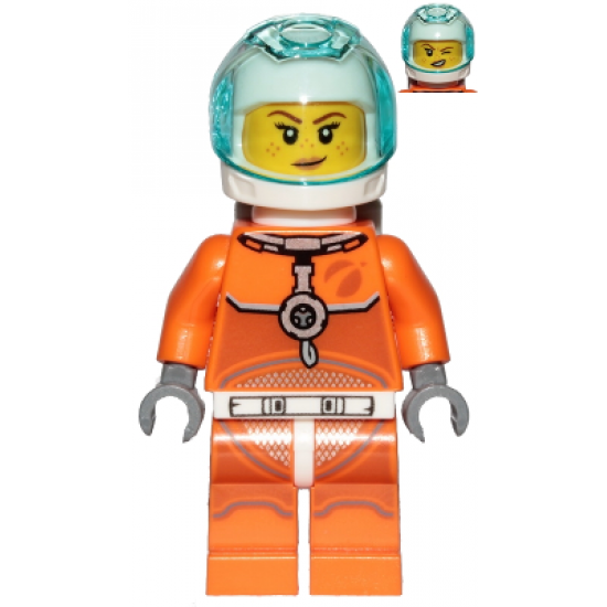 Astronaut - Female, Orange Spacesuit with Dark Bluish Gray Lines, Trans Light Blue Large Visor, Freckles with Smirk and Winking