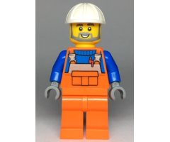 Construction Worker - Male, Orange Overalls with Reflective Stripe and Buckles over Blue Shirt, Orange Legs, White Construction Helmet