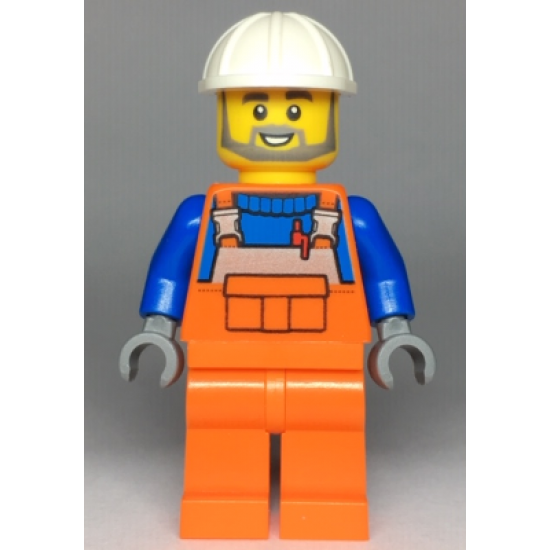 Construction Worker - Male, Orange Overalls with Reflective Stripe and Buckles over Blue Shirt, Orange Legs, White Construction Helmet