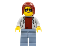 Race Marshal - Female, Light Bluish Gray Hoodie over Dark Red Shirt, Sand Blue Legs, Dark Red Ponytail Long with Side Bangs, Sunglasses and Peach Lips