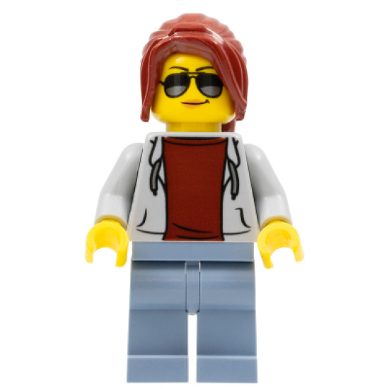 Race Marshal - Female, Light Bluish Gray Hoodie over Dark Red Shirt, Sand Blue Legs, Dark Red Ponytail Long with Side Bangs, Sunglasses and Peach Lips