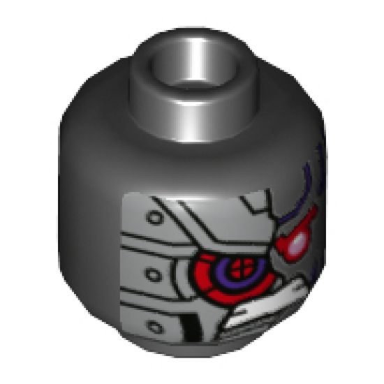 Minifigure, Head Dual Sided, Dark Purple Highlights Red Eye, Gritted Teeth, Silver Armored Right Side / Silver Armored Left Side Pattern - Hollow Stud