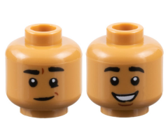 Minifigure, Head Dual Sided Black Eyebrows, Lopsided Smile / Open Smile Pattern - Hollow Stud