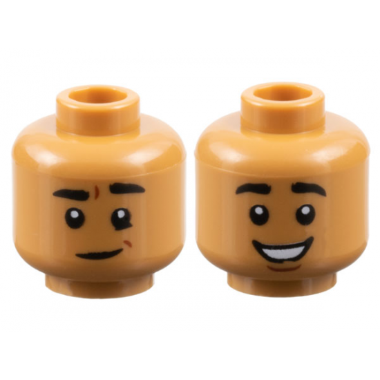 Minifigure, Head Dual Sided Black Eyebrows, Lopsided Smile / Open Smile Pattern - Hollow Stud