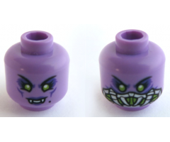 Minifigure, Head Dual Sided Female, Lime Eyes and Dark Purple Lips with Fangs / Silver and Lime Breathing Apparatus Pattern - Hollow Stud