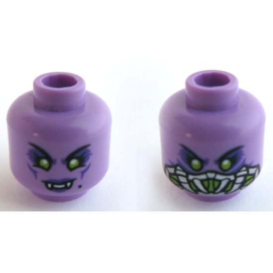 Minifigure, Head Dual Sided Female, Lime Eyes and Dark Purple Lips with Fangs / Silver and Lime Breathing Apparatus Pattern - Hollow Stud