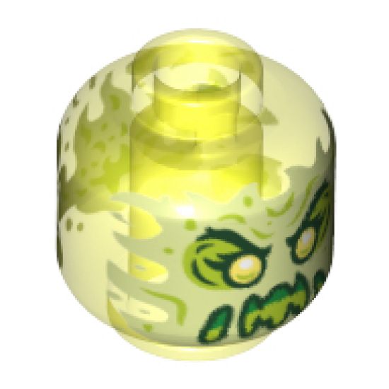 Minifigure, Head Alien Ghost with Yellowish Green Face, Slime Mouth, Raised Eyebrows and Flames in Back Pattern - Hollow Stud