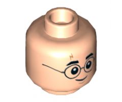 Minifigure, Head Dual Sided Black Glasses Round, Black Eyebrows, Dark Orange Lightning Scar, Grin / Scared Pattern - Hollow Stud