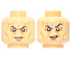 Minifigure, Head Dual Sided Dark Bluish Gray Eyebrows, Medium Nougat Contour Lines, Grin / Scowl with 4 Sharp Teeth Pattern - Hollow Stud