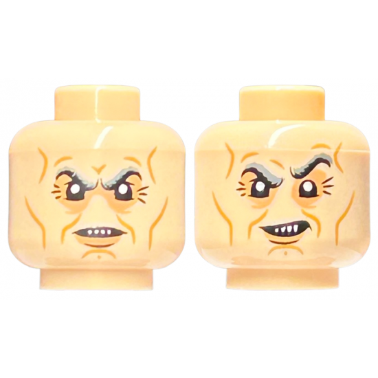 Minifigure, Head Dual Sided Dark Bluish Gray Eyebrows, Medium Nougat Contour Lines, Grin / Scowl with 4 Sharp Teeth Pattern - Hollow Stud