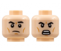 Minifigure, Head Dual Sided, Black Eyebrows, Dark Orange Cheek Lines, Frown Left Eyebrow Raised / Open Scowl Pattern - Hollow Stud