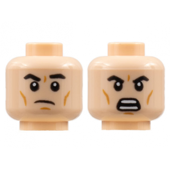 Minifigure, Head Dual Sided, Black Eyebrows, Dark Orange Cheek Lines, Frown Left Eyebrow Raised / Open Scowl Pattern - Hollow Stud