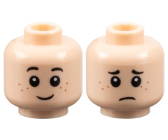 Minifigure, Head Dual Sided Child Black Eyebrows, Dark Orange Freckles, Smile / Worried Pattern - Hollow Stud