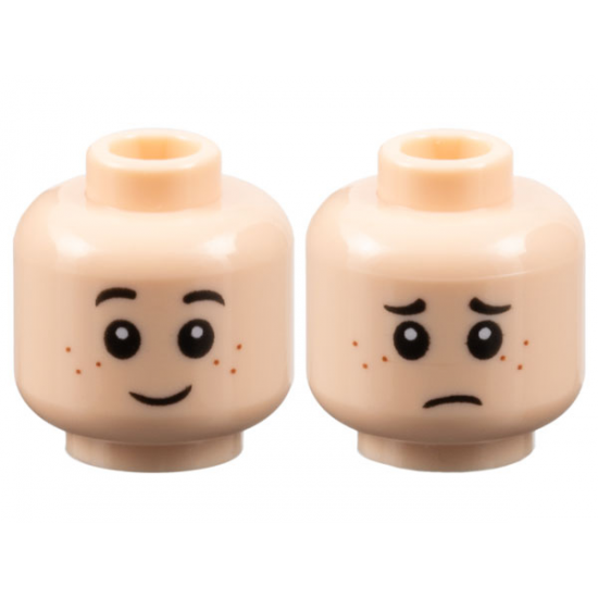 Minifigure, Head Dual Sided Child Black Eyebrows, Dark Orange Freckles, Smile / Worried Pattern - Hollow Stud