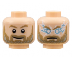 Minifigure, Head Dual Sided Dark Tan Eyebrows and Beard, Light Bluish Gray Highlights, Grin / Angry with Lightning Eyes Pattern - Hollow Stud