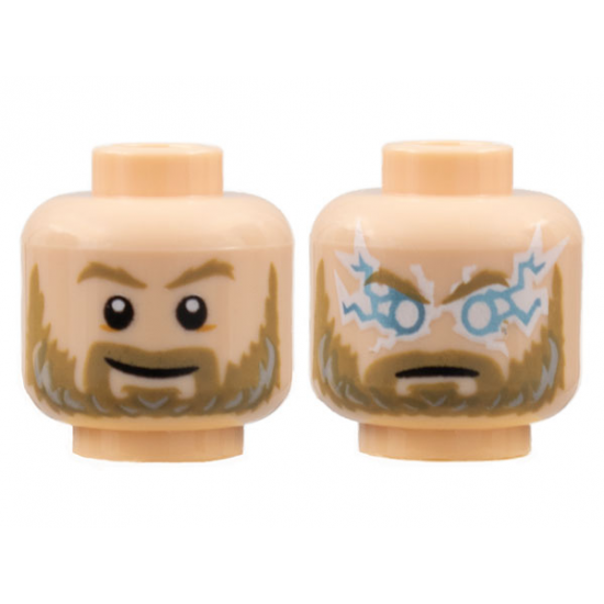 Minifigure, Head Dual Sided Dark Tan Eyebrows and Beard, Light Bluish Gray Highlights, Grin / Angry with Lightning Eyes Pattern - Hollow Stud