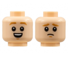 Minifigure, Head Dual Sided, Medium Nougat Eyebrows and Chin Dimples, Open Smile / Worried Pattern - Hollow Stud