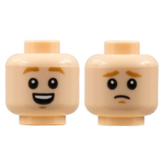 Minifigure, Head Dual Sided, Medium Nougat Eyebrows and Chin Dimples, Open Smile / Worried Pattern - Hollow Stud