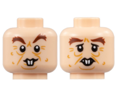 Minifigure, Head Dual Sided Reddish Brown Bushy Eyebrows, Medium Nougat Wrinkles and Wrinkles, Buck Teeth, Lopsided Grin / Worried Pattern - Hollow Stud