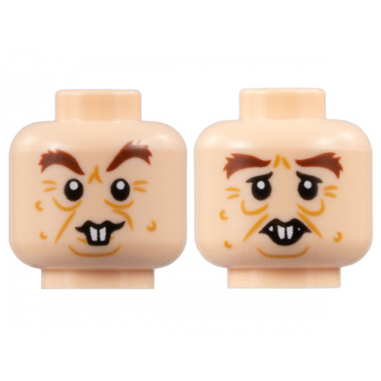 Minifigure, Head Dual Sided Reddish Brown Bushy Eyebrows, Medium Nougat Wrinkles and Wrinkles, Buck Teeth, Lopsided Grin / Worried Pattern - Hollow Stud