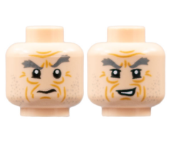 Minifigure, Head Dual Sided Dark Bluish Gray Eyebrows, Medium Nougat Wrinkles, Stubble, Confused / Lopsided Grin Pattern - Hollow Stud