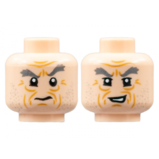 Minifigure, Head Dual Sided Dark Bluish Gray Eyebrows, Medium Nougat Wrinkles, Stubble, Confused / Lopsided Grin Pattern - Hollow Stud