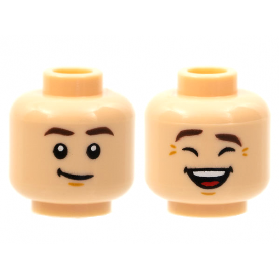 Minifigure, Head Dual Sided, Dark Brown Eyebrows, Neutral / Laughing with Eyes Closed Pattern - Hollow Stud